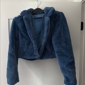 Plush Cropped Faux Fur Jacket in Dusty Blue